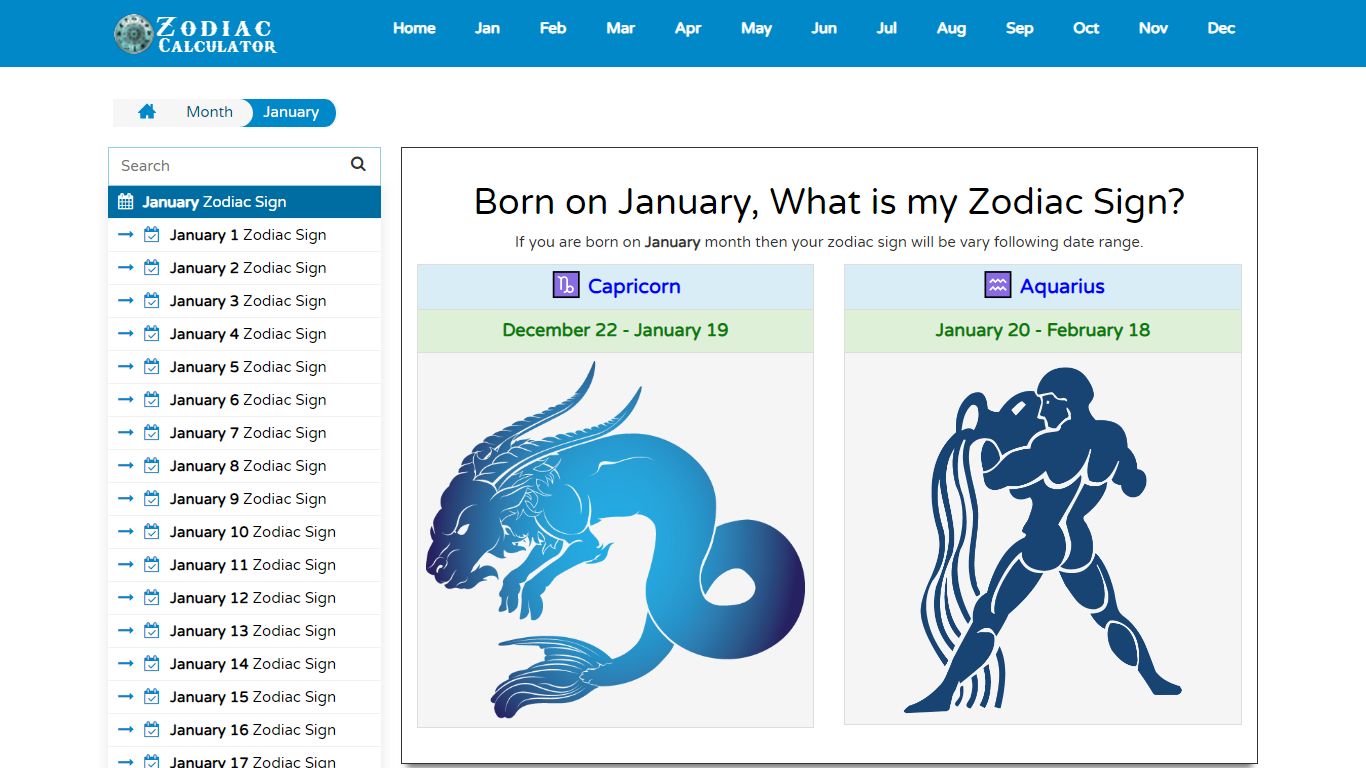 January Month Zodiac Sign Chart | ZodiacCalculator.com